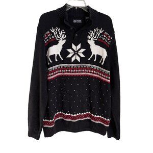 Chaps Men's Black Deer Snowflake Nordic Fair Isle 3 Button Sweater